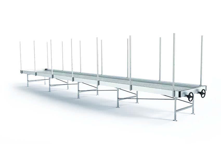 Multi-tier rolling bench system with ebb-and-flow trays